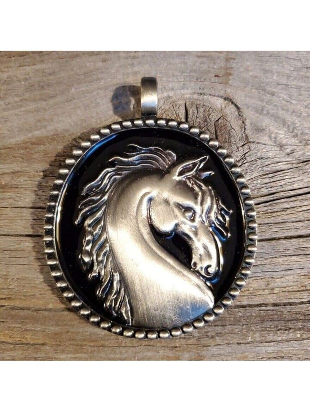 Y2K Wild Horse Long Mane Brushed Silver Black Enamel 67mm Oval Statement Pendant